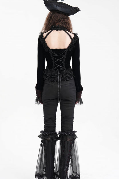 Mesh Gothic Blouse with Lace-Up Ruffles for Women