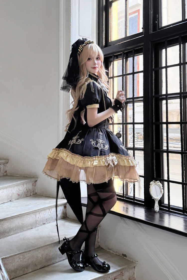 Ebony Short-Sleeve Double-Layered Embroidered Bow Gothic Dress - Gilded Oath