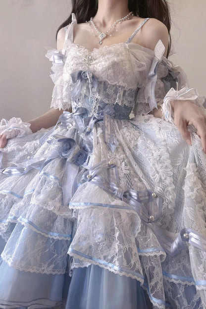Azure Diane Rose Short Sleeve Multi-Layered Jacquard Ruffle Hanayome Cardigan Bow Lace Sweet Lolita Gown