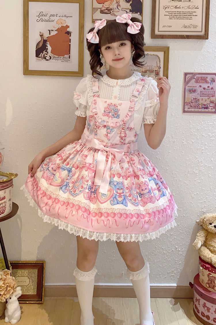 Berry Bear Print Pink Bow Stitched Lace Lolita Strap Dress