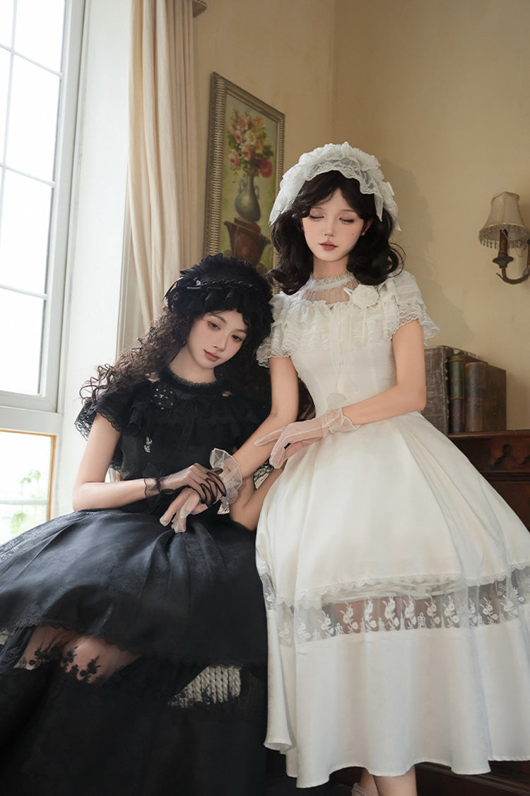 Elegant Lolita Dress with Off-Shoulder Neckline and Ruffle Print in Black