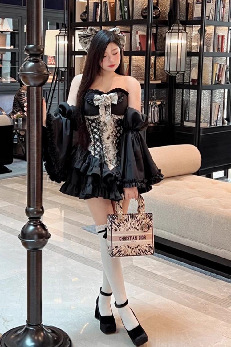 Ebony Printed Embroidered Bow Princess Strapless Gown - Gentle Treasure