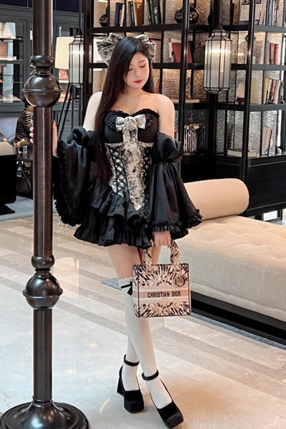 Ebony Printed Embroidered Bow Princess Strapless Gown - Gentle Treasure