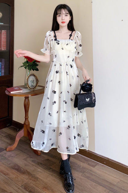 Plus Size Sweet Lolita Dress with French Square Collar, Rose Print & Short Sleeves, Cream