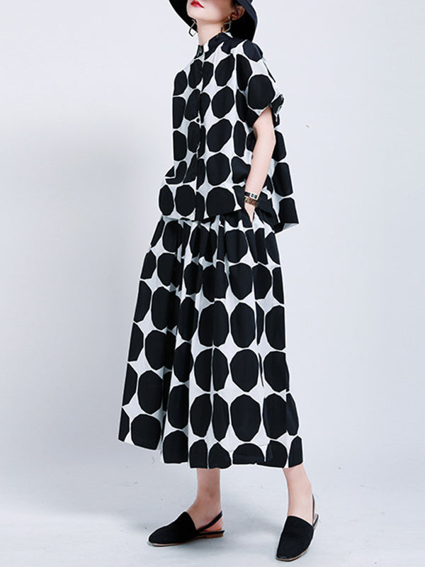 Pockets Neck Mock Black Polka-Dot Stylish High Buttoned Shirt