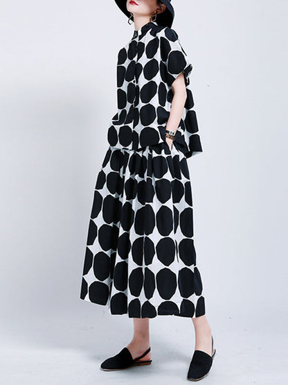 Pockets Neck Mock Black Polka-Dot Stylish High Buttoned Shirt