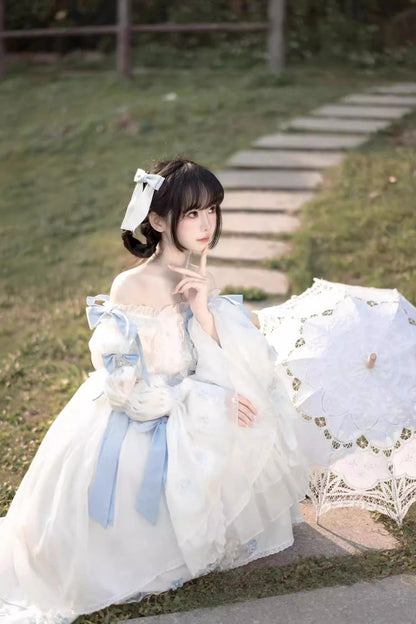 Ivory Boatneck Multi-Layer Ruffle Hanayome Bow Princess Lolita Strapless Dress