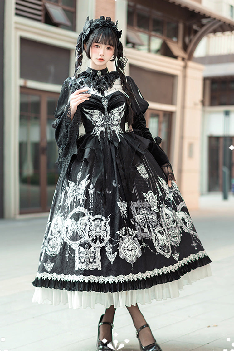 Gothic Lolita Long Dress with Print, Ruffle, and Bowknot Lace in Black