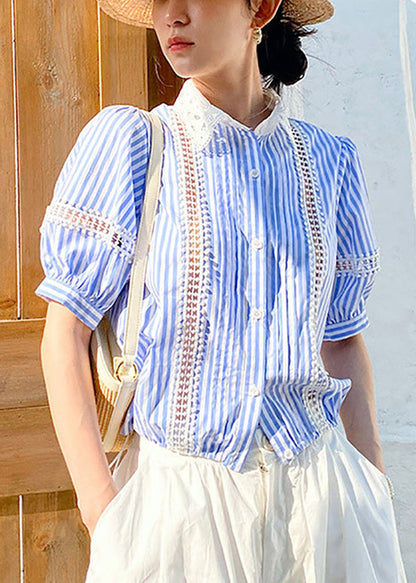 Out Blue Striped Cotton Summer Hollow Fashion Blouses