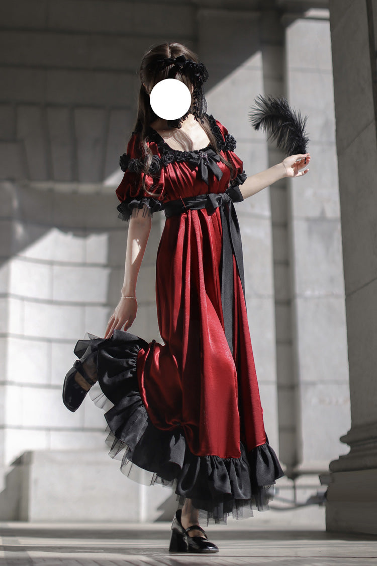 Crimson Square-Neck Vintage Lolita Dress with Ruffles and Bowknot