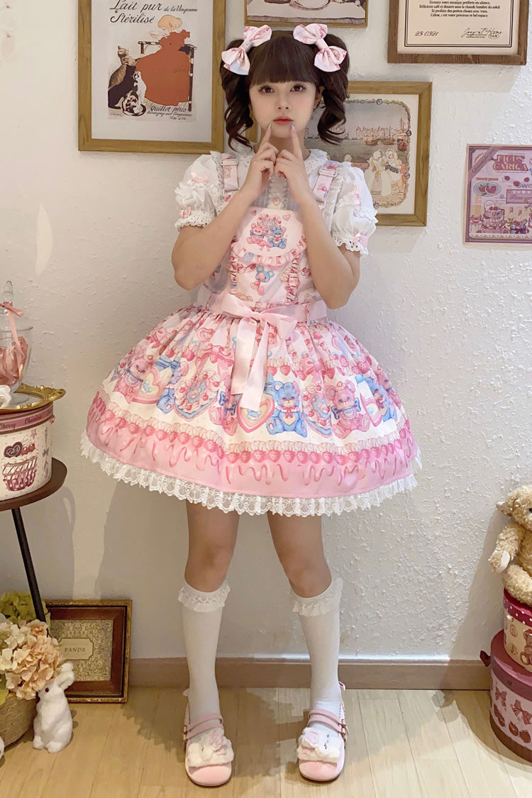 Berry Bear Print Pink Bow Stitched Lace Lolita Strap Dress