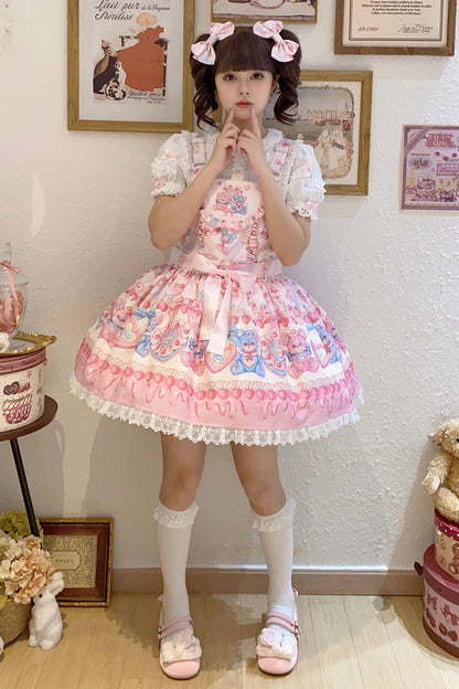 Berry Bear Print Pink Bow Stitched Lace Lolita Strap Dress