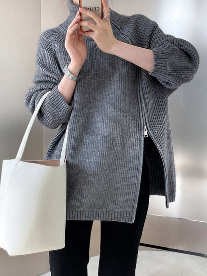 Urban Grey Halter-Neck Split-Side Zip-up Long Sleeve Sweater AN1033