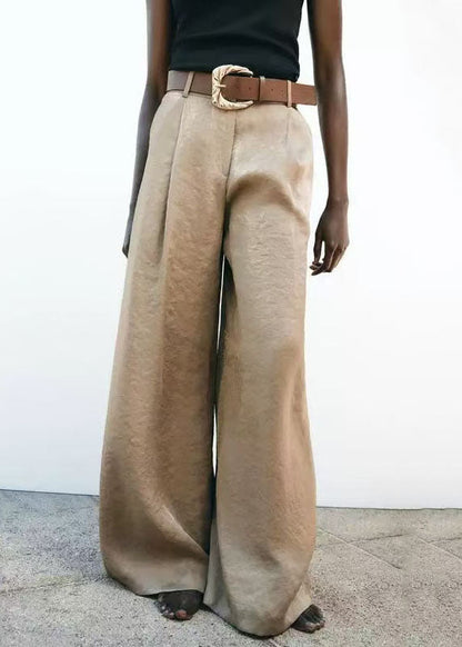 Leg Wide Style Light American Brown Pants Waist High Silk Summer