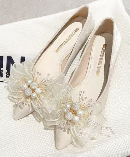 Apricot Splicing Feet Toe Shoes Nail Pointed Flat Bead Bow