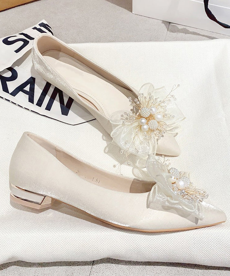 Apricot Splicing Feet Toe Shoes Nail Pointed Flat Bead Bow