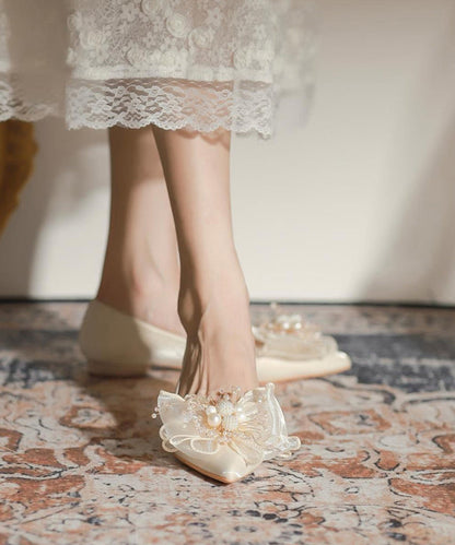 Apricot Splicing Feet Toe Shoes Nail Pointed Flat Bead Bow