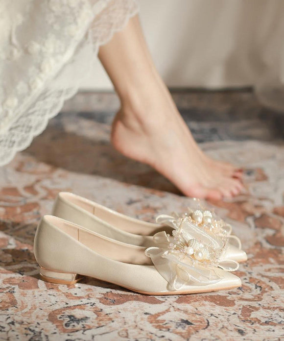 Apricot Splicing Feet Toe Shoes Nail Pointed Flat Bead Bow