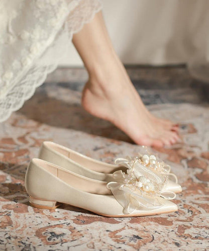 Apricot Splicing Feet Toe Shoes Nail Pointed Flat Bead Bow