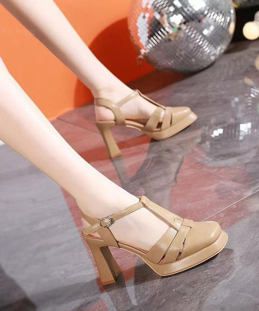 Strap Sandals Splicing Out Heel Apricot Chunky Buckle Hollow