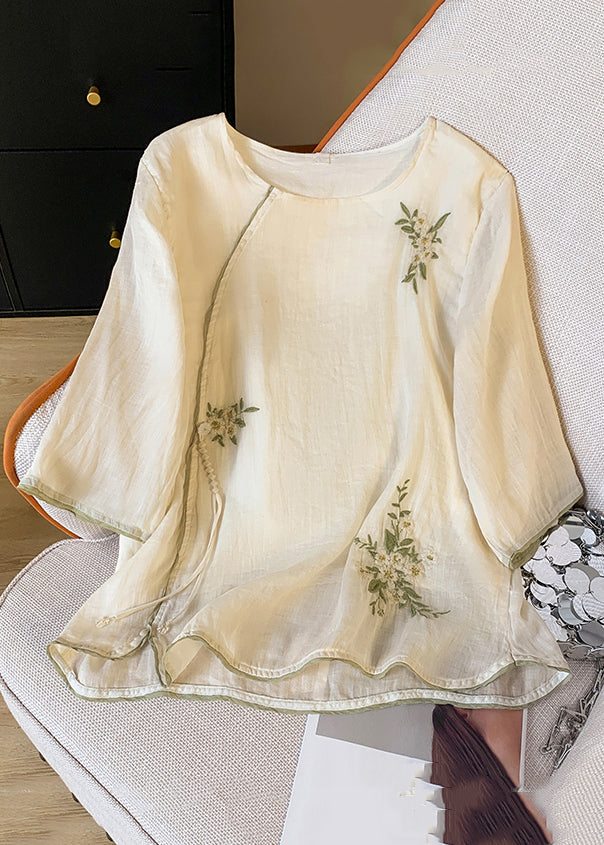 Shirt Cotton Button Embroidered Tasseled Spring Apricot