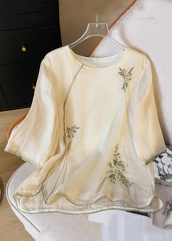 Shirt Cotton Button Embroidered Tasseled Spring Apricot