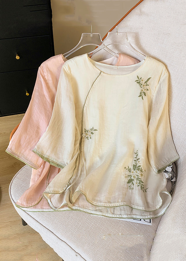Shirt Cotton Button Embroidered Tasseled Spring Apricot