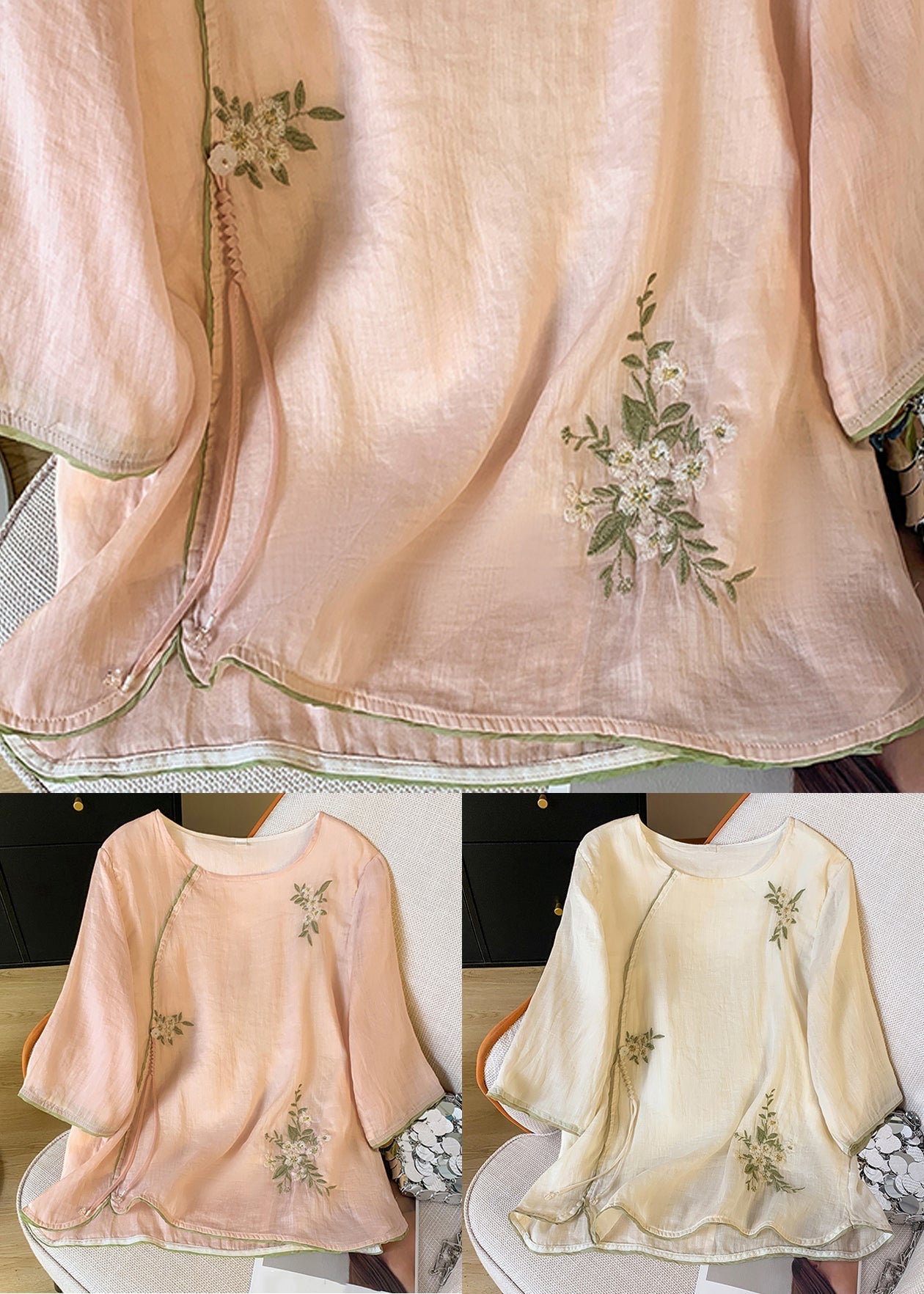 Shirt Cotton Button Embroidered Tasseled Spring Apricot