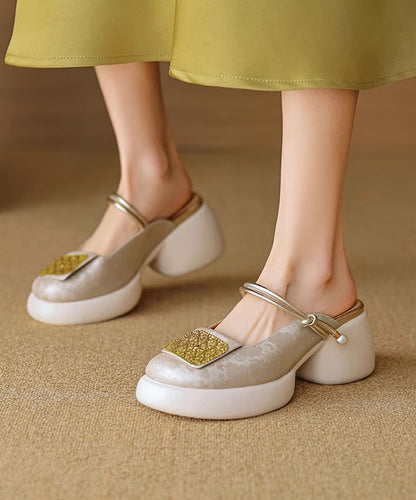 Faux Sandals Splicing Heel Leather Chunky Apricot Slide New