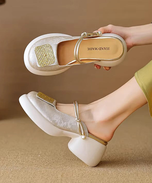 Faux Sandals Splicing Heel Leather Chunky Apricot Slide New