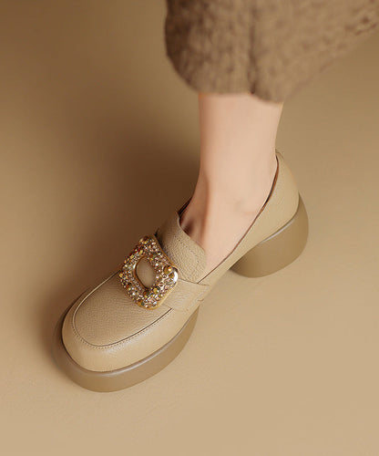 Apricot Chunky Sheepskin Soft Splicing Zircon Loafers For Women WT037