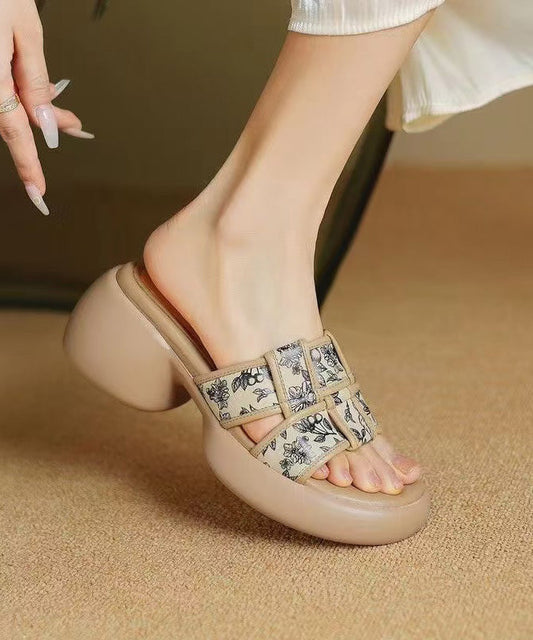 Slide Heel Chunky Cowhide Sandals Leather Apricot Splicing