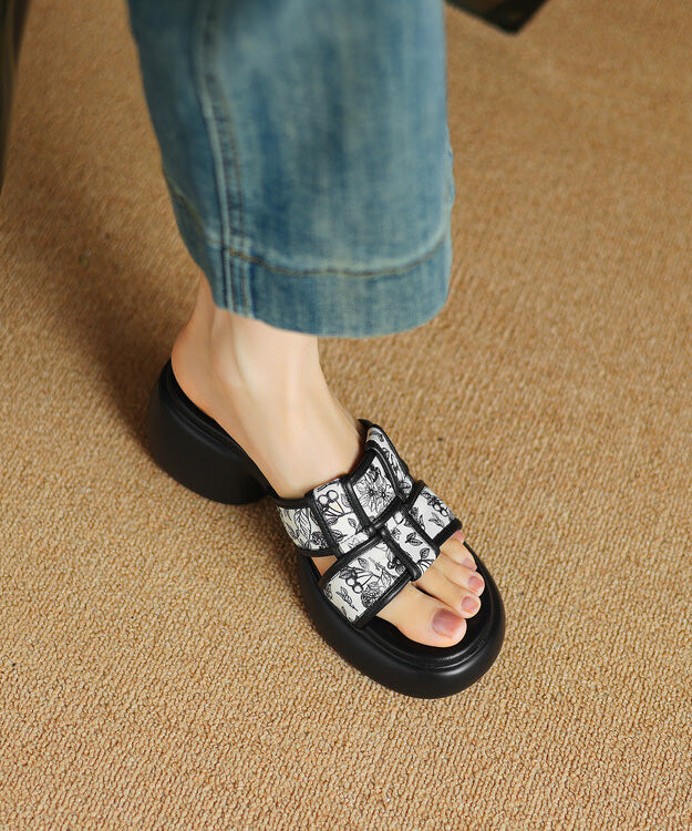 Slide Heel Chunky Cowhide Sandals Leather Apricot Splicing