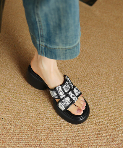 Slide Heel Chunky Cowhide Sandals Leather Apricot Splicing