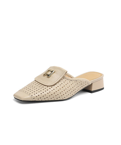 Sandals Slide Out Hollow Apricot Cowhide Splicing Leather