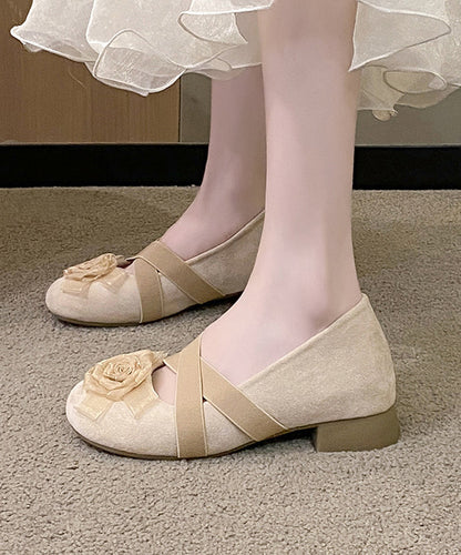Flat Apricot Cross Feet Floral Splicing Suede Strap Shoes