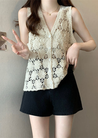 Hollow Vest Apricot Summer Out Solid Knit