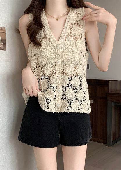 Hollow Vest Apricot Summer Out Solid Knit