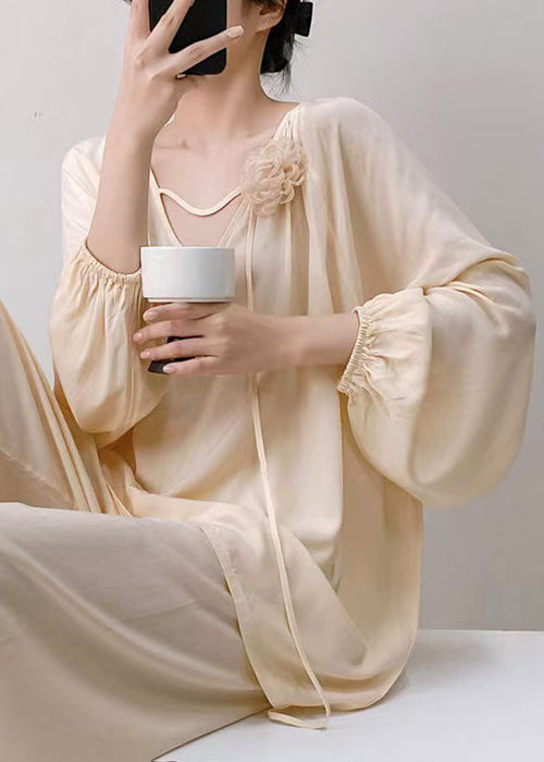 Oversized Fall Two Pajamas Apricot Cotton Set Pieces Solid V Neck