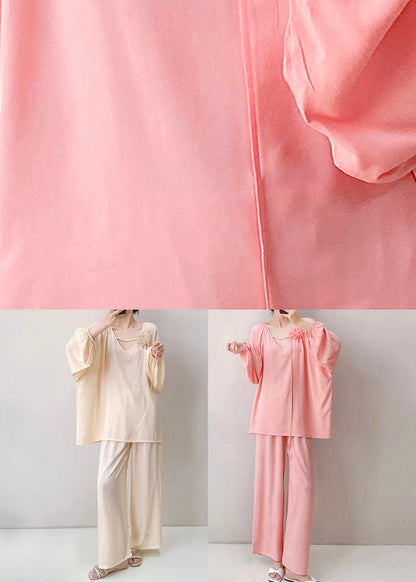 Oversized Fall Two Pajamas Apricot Cotton Set Pieces Solid V Neck