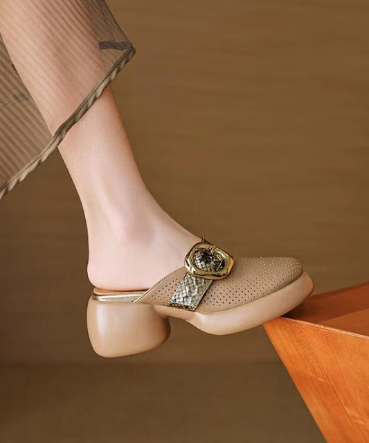 Sandals Slide 2025 Hollow Leather Out Cowhide Platform Apricot