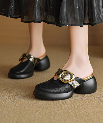 Sandals Slide 2025 Hollow Leather Out Cowhide Platform Apricot