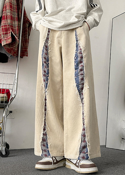 Pockets Men Wide Leg Apricot Patchwork Elastic Corduroy Pants