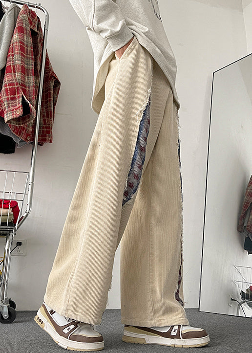 Pockets Men Wide Leg Apricot Patchwork Elastic Corduroy Pants