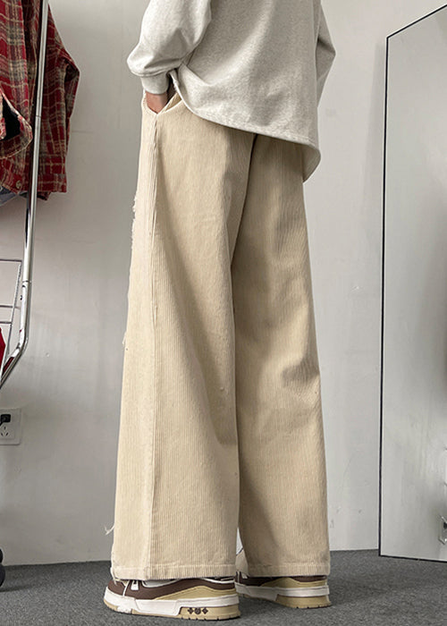Pockets Men Wide Leg Apricot Patchwork Elastic Corduroy Pants