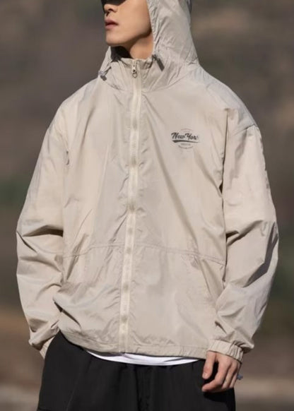 Hooded Mens Print Pockets Summer Coats Apricot Ice Thin Silk
