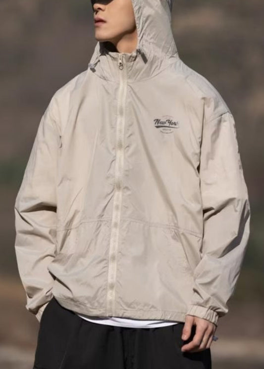 Hooded Mens Print Pockets Summer Coats Apricot Ice Thin Silk