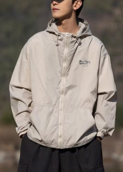 Hooded Mens Print Pockets Summer Coats Apricot Ice Thin Silk