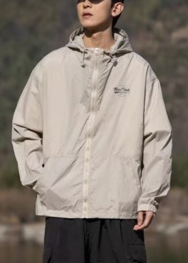 Hooded Mens Print Pockets Summer Coats Apricot Ice Thin Silk