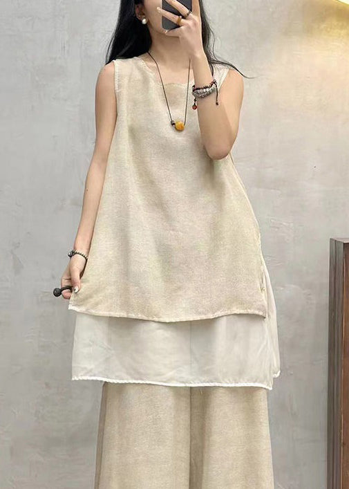 Apricot Side Open Patchwork Cotton Tank O Neck Summer AU1043